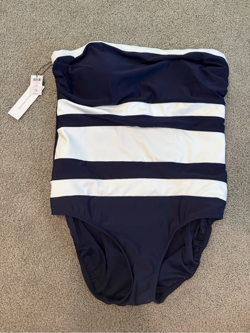 $109 NWT Chicos Sz 16W Nautical Stripe Bandeau 1pc Navy White Womens Swimsuit
